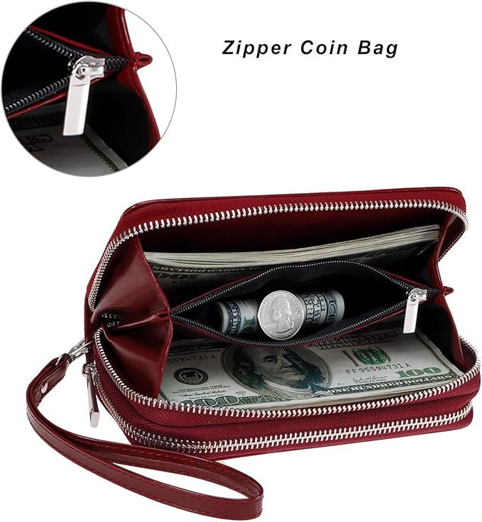 Cellphone Wallet for Women Dual Zipper Long Purse with Removable Wristlet