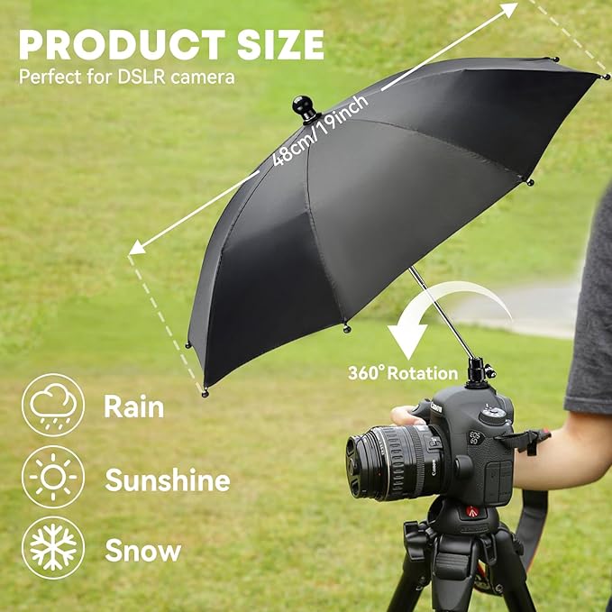Generic Large Camera Umbrella Hot Shoe for Rain Sun 19inch, DSLR Camera Rain Cover Shade, Protector for Canon, Sony, Nikon, Fuji, Olympus, Ajustable Height & Angle, Black