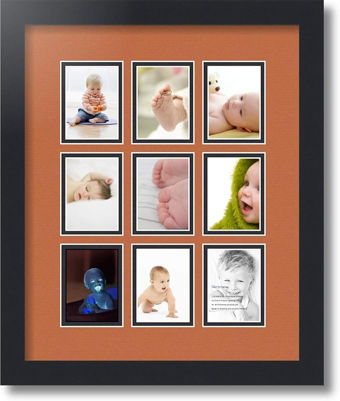 ArtToFrames Collage Photo Frame Double Mat with 9-2.5x3.5 Openings with Satin Black Frame and Red Orange mat.