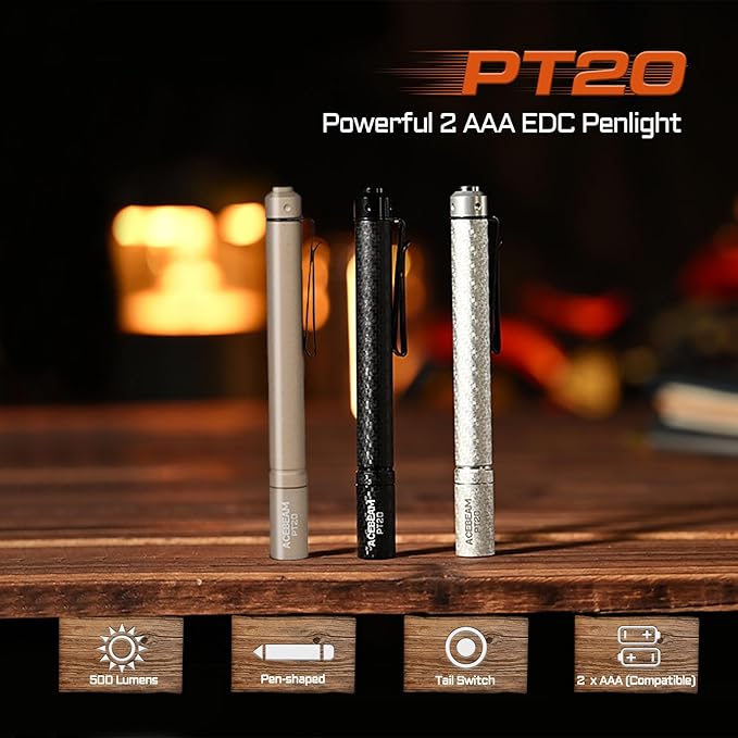 ACEBEAM PT20 2 AAA EDC Flashlight Rechargeable, 500 High Lumens Pen Flashlight with Clip, Compact Pocket MINI LED Flash Light, Super Bright Small Pen Light for Emergency, Camping, Home, Work