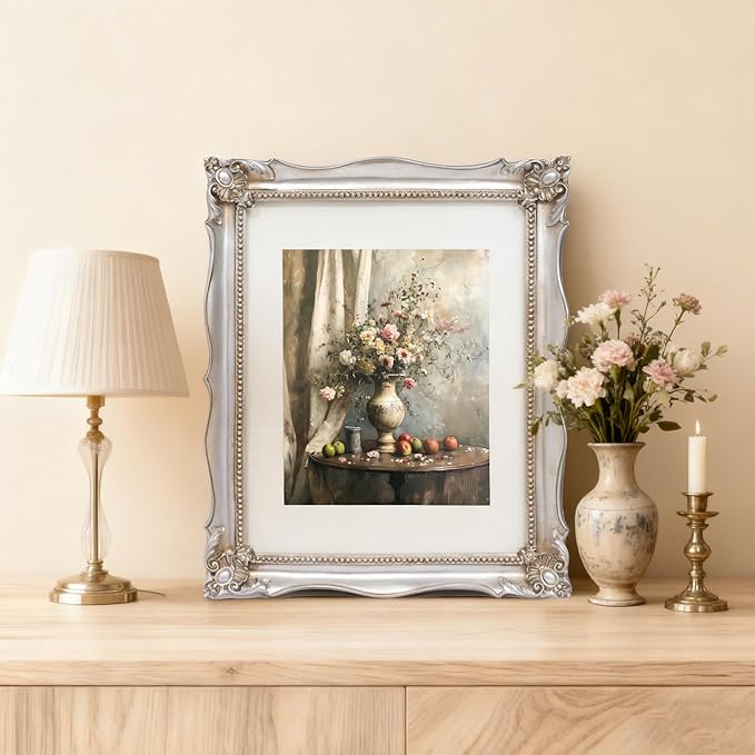 11x14 Vintage Picture Frame with Embossed Flower Design, Silver Ornate Frame for 11x14 or 8x10 Pictures with White Mat, Hand-Crafted Resin Antique Baroque Frames with Hook for Wall Mounting Display(Silver)