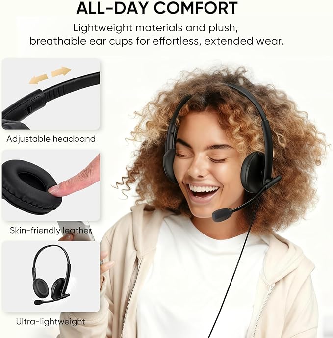 USB Headset with 290° Rotating Noise-Canceling Microphone, USB-A/Type C/ 3.5mm Wired Lightweight Office Headphone with Mute Button & Volume Control for PC, Mac, Cell Phone, Zoom Calls