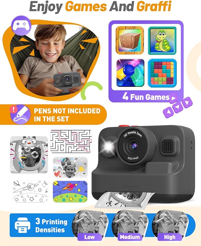 Kids Camera Instant Print, Dual-Lens Front Rear Selfie Camera for Kids, Christmas Birthday Gifts Toys for 3-12 Year Old Boys Girls, 2.4in Screen 1080P Kid Digital Cameras with 32G Card