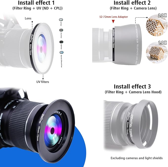 52mm to 72mm Camera Filters Ring,Filters Ring Compatiable All Brands Ø52mm Lens to Ø72mm UV ND CPL Camera Filter Accessory.Made of CNC.