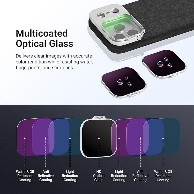 NEEWER ND Filter Set for PA133 Phone Case Only, Neutral Density ND8/16/32/64 + Black Diffusion 1/4 + Magnetic Backplate, Lens Filter Accessories Kit Compatible with iPhone 17 Pro, Silver