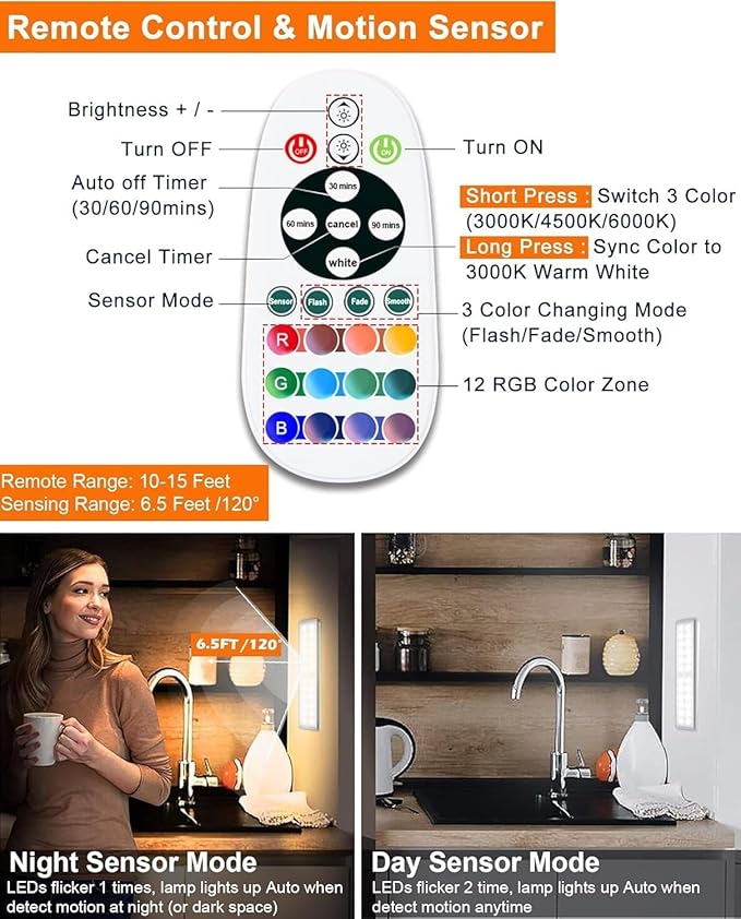 Diomart Under Cabinet Lighting, RGB Rechargeable Motion Sensor Light Indoor Night Lights, 58 -LED Remote Control Under Counter Lightis for Kitchen, Wardrobe, Hallway, Stairs, Desk(4 Pack)