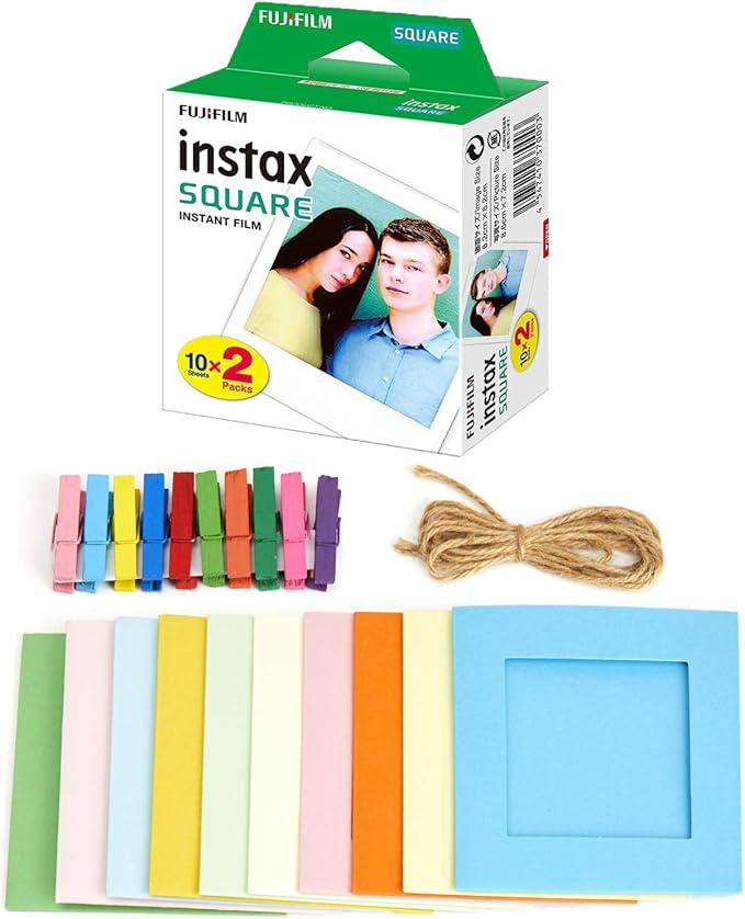 Fujifilm instax Square Instant Film + Hanging Photo Frames for Square Film Assorted Colors – Deluxe Accessory Bundle (20 Exposures)
