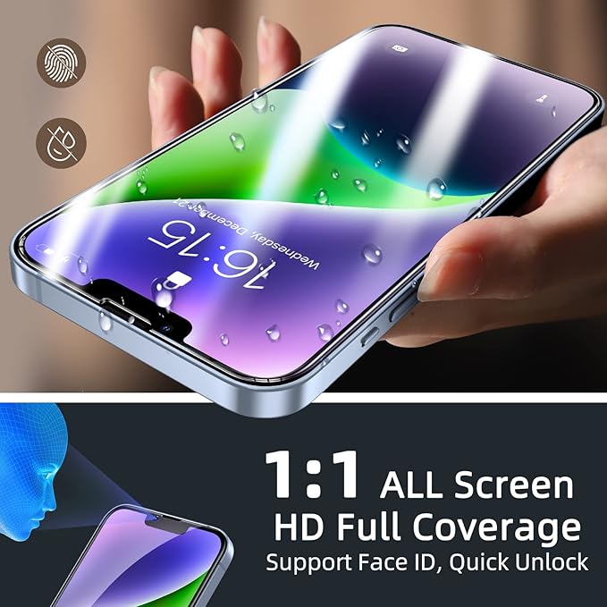 ruwa Screen Protector for iPhone 13/13 Pro/14/16e [3-Pack] [6.1 Inch] Display Tempered Glass Film with Easy Installation Frame, Ultra HD, 9H Hardness, Scratch Resistant, Case Friendly, Full Coverage
