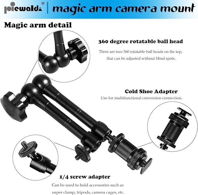 Magic arm Camera Mount ，articulating arm- 11 Inch Metal Adjustable Friction Articulated arm with Super Clamp/Phone Clip, for Various Action Camera/DSLR/LCD Monitor/LED Lights/Cell Phone
