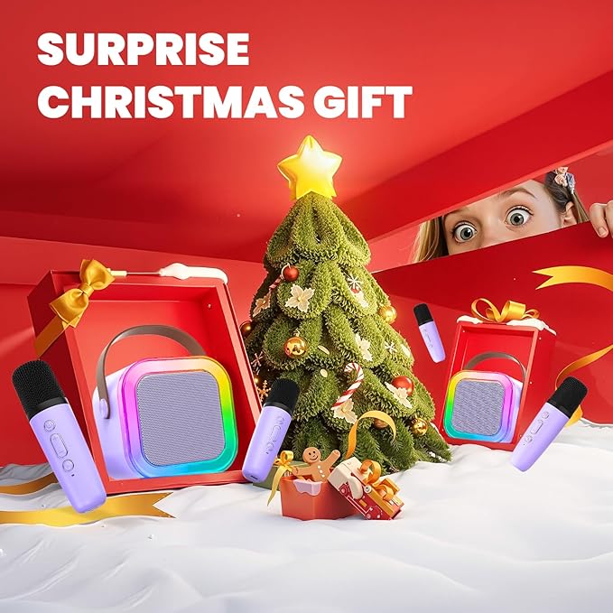 【2025 Newest】 Mini Karaoke Machine for Kids Girls & Boys - Portable Bluetooth Speaker with 2 Wireless Microphones - Kids Birthday Gifts for Ages 4-10 - Kids' Instrument Accessories - Purple