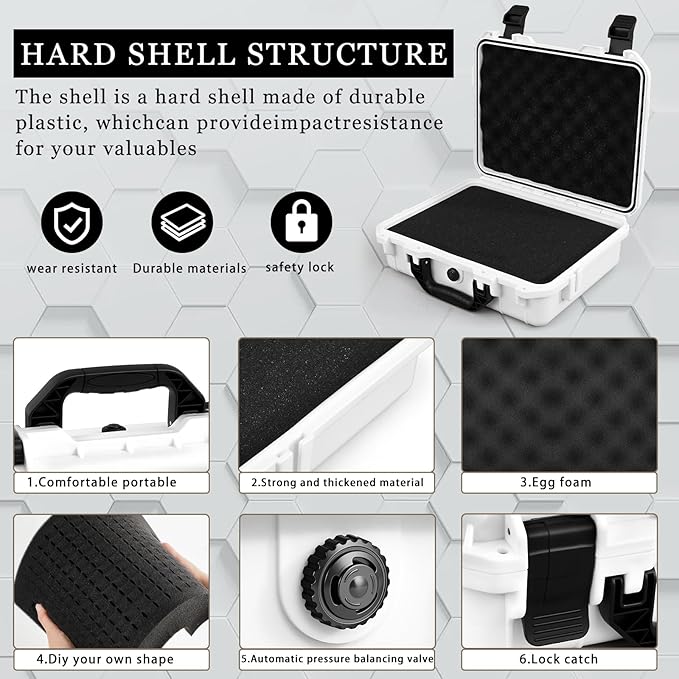 Relaxweex 1 Pcs 11.3 x 8.7 x 4.2 Inch Waterproof Hard Case with DIY Customizable Foam Insert Portable Protective Case with Knife for Camera Drones Equipments Tools Test Instruments (White)