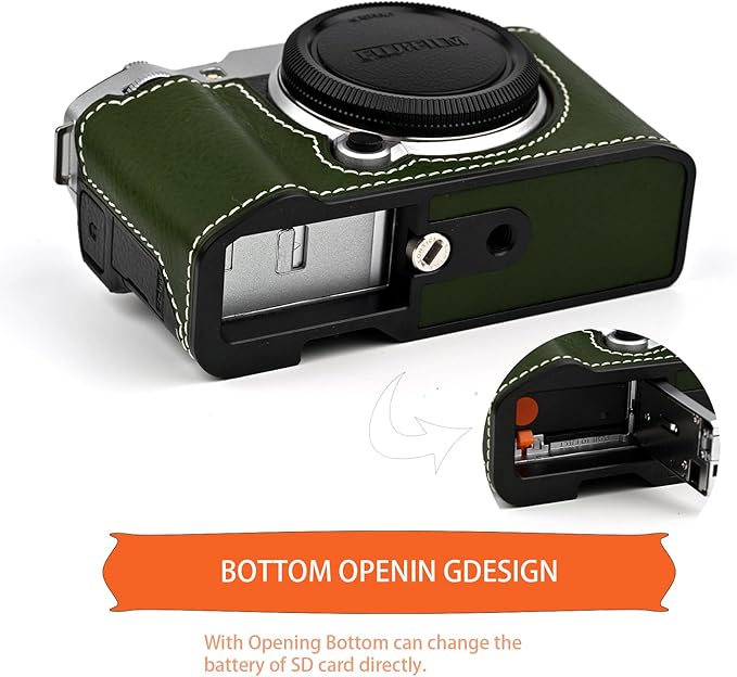 Handmade Genuine Leather Camera Half Case for Fujifilm X-M5/Fujifilm X-M5 Camera Case/Fujifilm X-M5 Case - Top Layer Cowhide Body + Metal Base Plate (Green M-Box)