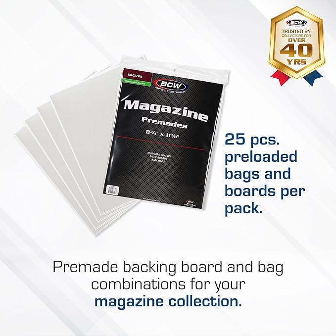 BCW Magazine Bags and Boards – (25 Pack) | Premade Resealable Magazine Protectors | Standard Size 8 ¾" x 11 ⅛" | Magazine Sleeves and Boards Pre-Loaded for Storage and Display