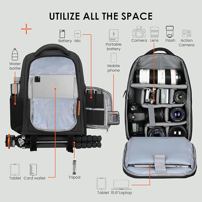 TARION Camera Backpack for Photographers - Compact 15L Camera Bag with 15.6 Inch Laptop Compartment - Side Access Quick Draw - Anti-theft Hidden Pocket Tripod Holder Rain Cover - TB04 Black