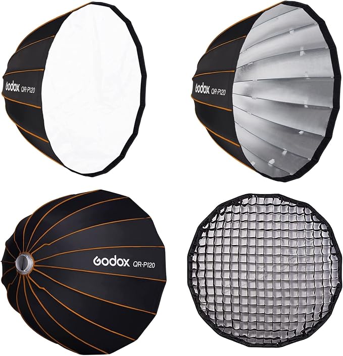 GODOX QR-P120 47.1 Inch/120CM Parabolic Softbox Bowens Mount, Quick Release Parabolic Softbox, with Front & Inner Diffuser for SL-60W AD600BM VL150 UL150 SL150II Amaran 100X 200D 200X w/Grid