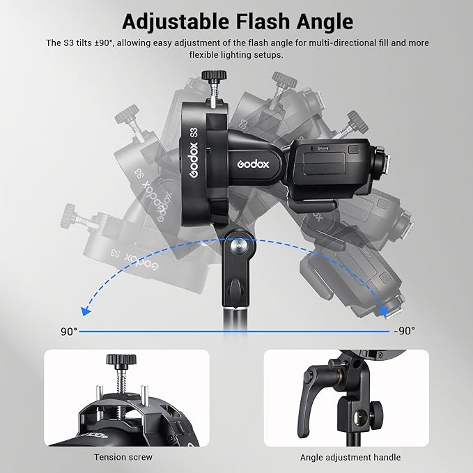 Godox S3 Speedlite Bracket, Compact Lightweight Bowens Mount for Godox V1/V1Pro, AD200/AD300, V860II/III, 20% Smaller Than S2, ±90° Angle Adjustment & Umbrella Hole, 0.45kg