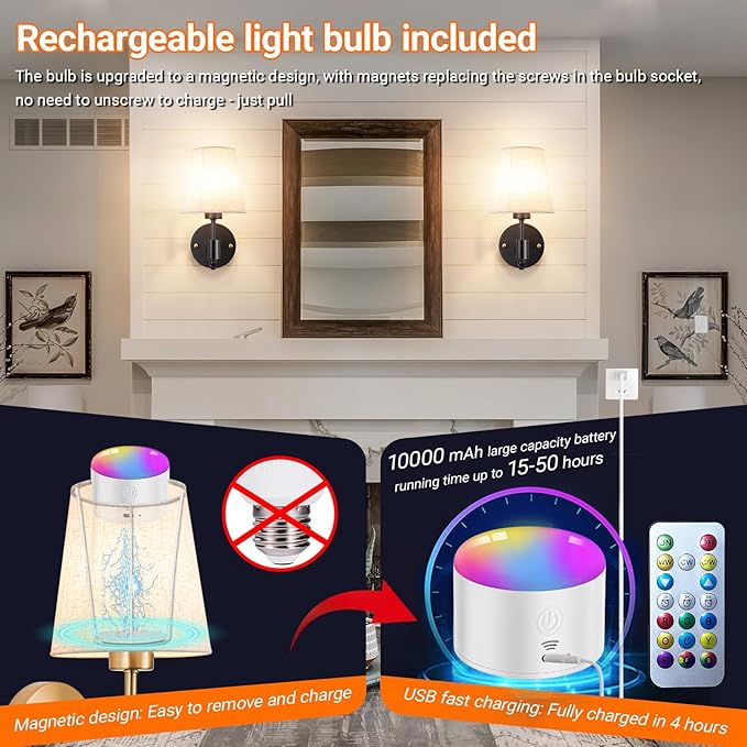 Peel and Stick Wall Sconces, No Drilling Stick On Wall Sconce, Wireless Battery Operated Wall Lights, Adhesive Wall Lamp with 10000mAh Battery Bulb for Bedroom Living Room Decor