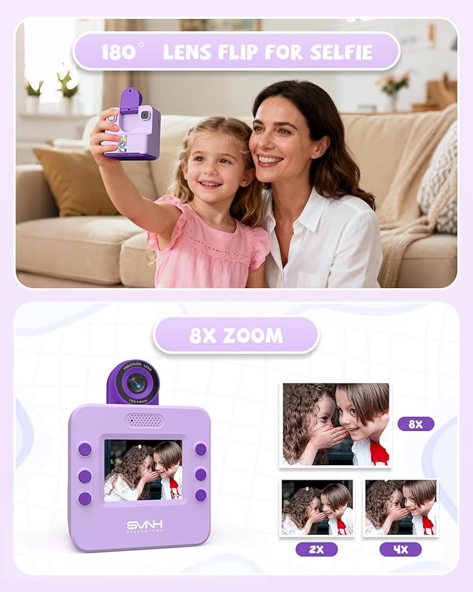Kids Camera Instant Print, Digital Camera for Kids, 180° Rotating Selfie Lens with 32GB SD Card & 2 Rolls Printing Paper Kids Toy Birthday Gifts for Boys Girls Ages 3-12, Purple