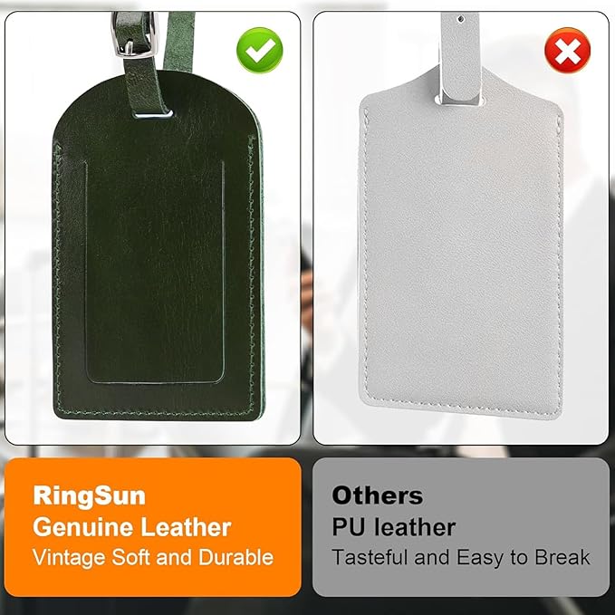 Ringsun Genuine Leather Luggage Tag for Suitcases ID Tags Bag Tags for Luggage (6 Pack, Green)