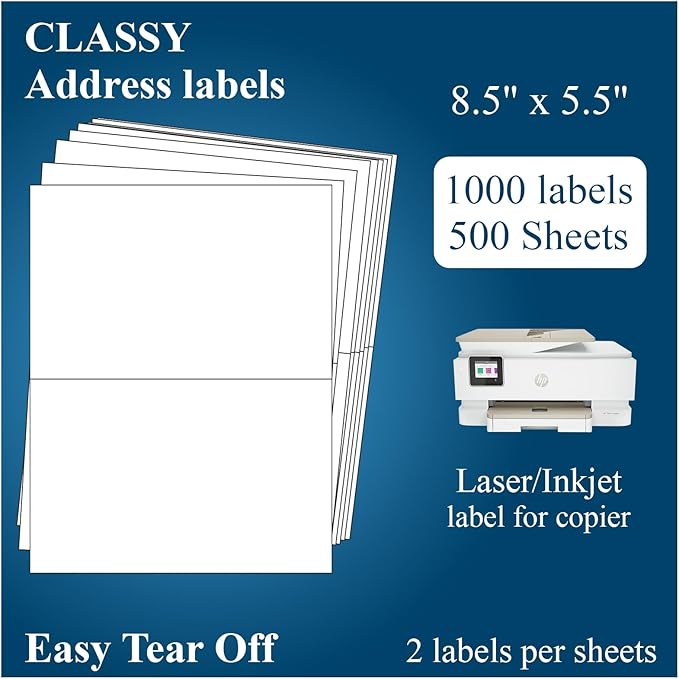 (500 Sheets, 1000 Labels) Sticker Paper, 11" x 8.5" Half Sheet Shipping Address Labels, 2 Per Page Self Adhesive Mailing Label for Laser and Inkjet Printers