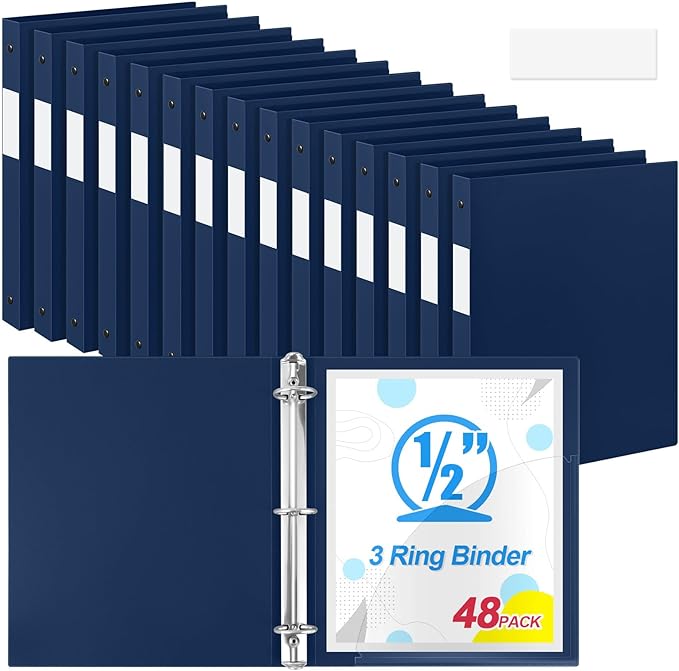 Henoyso 48 Pcs 3 Ring Binder 1/2'' Round Fits Letter Size 8.5'' x 11'' Paper Plastic Flexible Binder Holds 140 Sheets with 1 Pockets Versatile Organizer for Home Office School (Navy Blue)