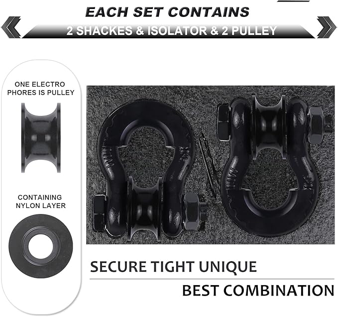 Upgraded Snatch Block, 3/4" D Ring Shackle (2 Pack) 22,000lb Break Strength with Towing Pulley, Heavy Duty Offroad Recovery Accessory for Truck, Tractor, ATV & UTV - Black