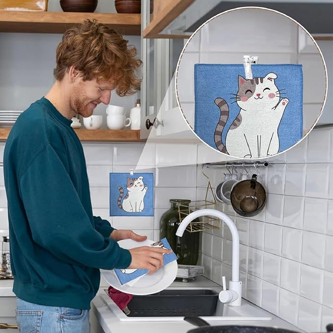 8-Pack Ultra-Fine Microfiber Kitchen Towels, 7-Inch Square with 8 Clips & Multiple Patterns – Soft, Absorbent, Reusable Cleaning Cloths (Cats)
