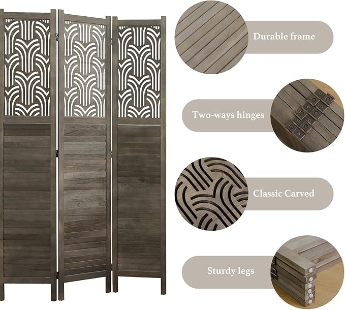 Folding Room Divider, 66.9 Inch 6 Panels Wood Carved Privacy Screens, Free Assembled Freestanding Portable Separation Wall for Home Office Restaurant Bedroom (Gray)