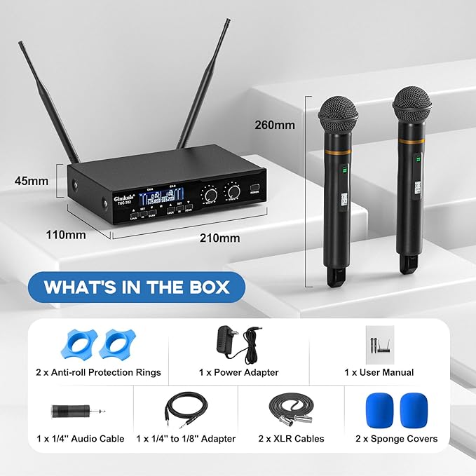 Wireless Professional Microphone System, Cordless Handheld Dynamic Mic, Dual UHF 200-Channel, Metal Microphones 328ft Long Range for Karaoke, Church, DJ, Wedding, Singing
