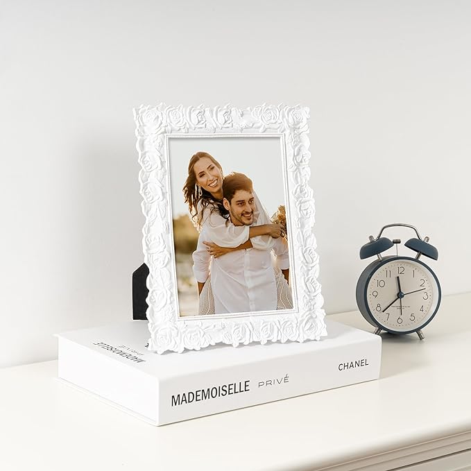 Axeman Vintage Picture Frames 5x7 | 5 x 7 Antique Picture Frame with Real Glass | Ornate Rose 5x7 Frame for Wall & Tabletop Display | Retro 5 by 7 Frame - White