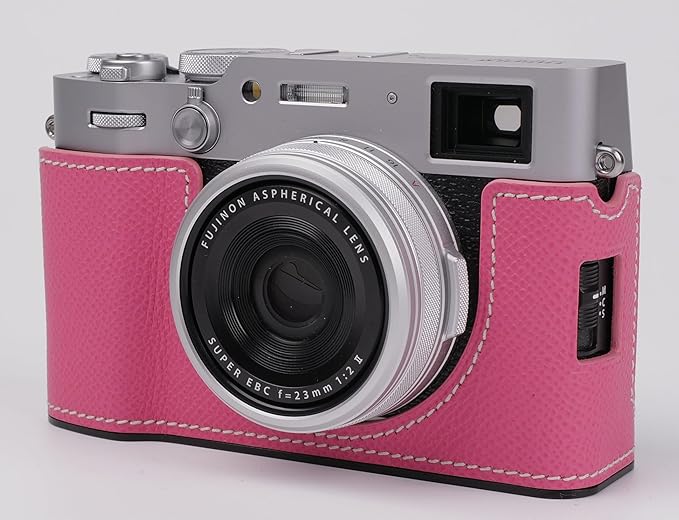 Uchandmade Genuine Leather Camera Half Case for Fujifilm X100VI - Top Layer Cowhide Body + Metal Base Plate - Hand Shank Free Design (Pink)