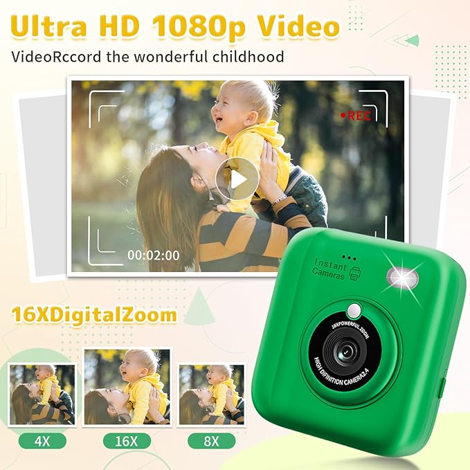 Instant Print Camera for Kids, Christmas Birthday Gifts for Girls Boys, 1080P Instant Digital Print Cameras for Toddler,Portable Toy for 4 5 6 7 8 9 10 Year Old Girl with 32GB SD Card，Green