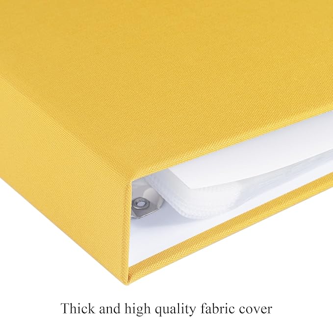 1DOT2 12x12 Inch Large 3 Ring DIY Scrapbook Photo Album Journal with 30 Plastic Sleeves 60 Pages and Fabric Cover for Baby Travel Wedding Anniversary kids Adventure (Indian Yellow Cover/White Pages)