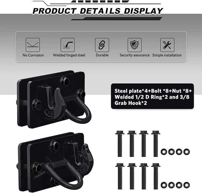 2 Pack Tractor Bucket Hooks with Tie Down Ring, Grade 70 Forged Steel Bolt On Grab Hook Tow Hook Mount with Backer Plate, Work Well for Tractor Bucket, RV, UTV, Truck, Max 15,000 lbs Black