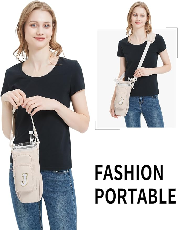 sportsnew Birthday Gifts for Women Personalized Initial Water Bottle Holder with Strap fits most 40oz Tumbler with Handle Water Bottle Carrier Bag with Phone Pocket & Straw Topper Tumbler Accessories