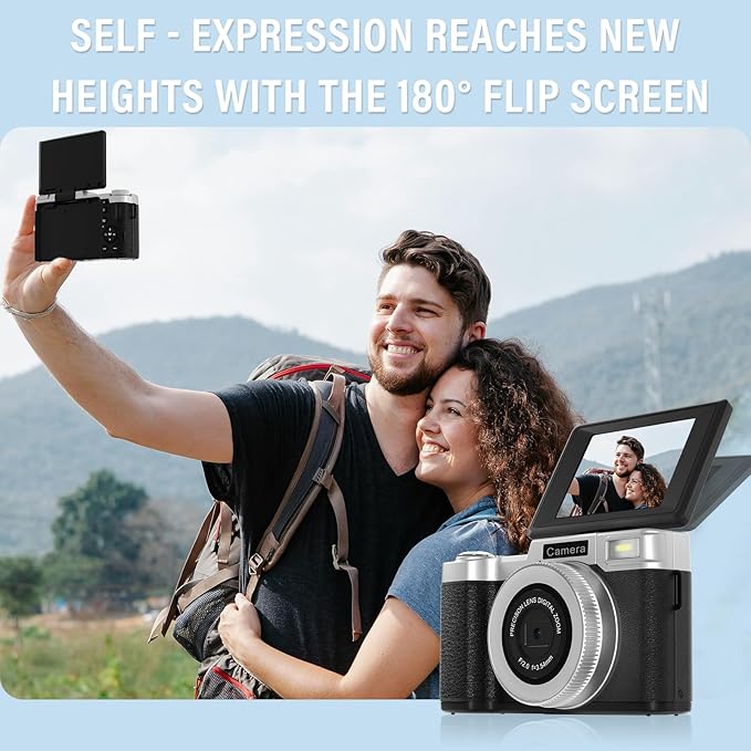 4K Digital Camera for Photography, 64MP Flip Screen Digital Camera for YouTube Vlogging, Selfies, Use with LED Light, 64GB Memory Card, Compact Design for Travel, Perfect for Teens and Beginners