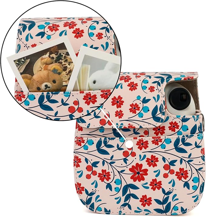 Frankmate Protective Case Fit for Fujifilm Instax Mini 12 11 9 8 Camera, PU Leather Camera Bag with Pocket and Adjustable Shoulder Strap (Red Flowers)