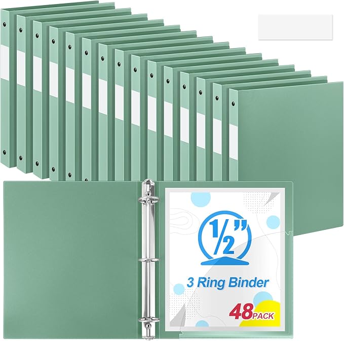 Henoyso 48 Pcs 3 Ring Binder 1/2'' Round Fits Letter Size 8.5'' x 11'' Paper Plastic Flexible Binder Holds 140 Sheets with 1 Pockets Versatile Organizer for Home Office School (Sage Green)