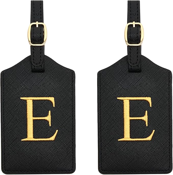 2 Pcs Initial Monogrammed PU Leather Luggage Tags - Embroidered, Perfect for Suitcases & Bags (E)