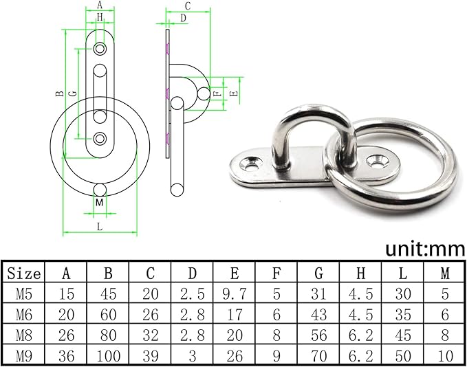 Ceiling Wall Mount Hook Heavy Duty Anchor with Ring 1/4" 6mm 304 Stainless Steel Great for Yoga Swings Hammocks/Boat Rigging/Marine Deck Hardware/Suspension Training Straps