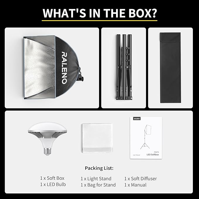 RALENO Softbox Photography Lighting Kit, 16'' x 16'' Softbox Lighting for TikTok with LED Bulb (50W | 5500K | 97 CRI | TLCI≥97), Continuous Light for Video Recording & Photography Shooting