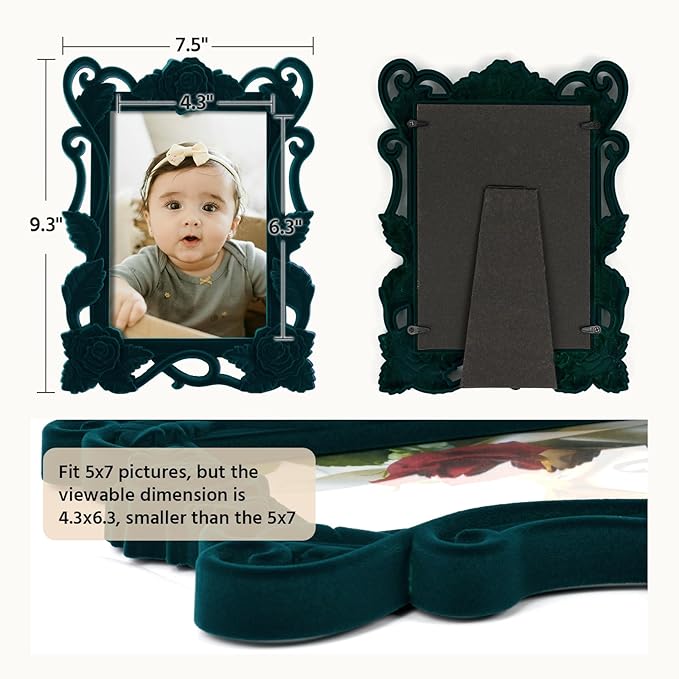 5x7 Picture Frame with Stand for Tabletop Wall Display, Floral Photo Frame for Art Prints Family Portrait Landscape Paintings Posters, Cute Room Decor for Living Room Bedroom (Dark Green)