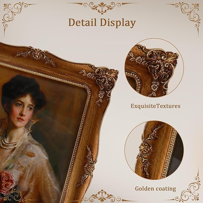 Resin Picture Frames Embossed Vines Design Photo Frame with Easel & Hook Picture Hanging Kit with Glass Front for Tabletop & Wall Hanging Vintage Room Home Decor (Bronze)