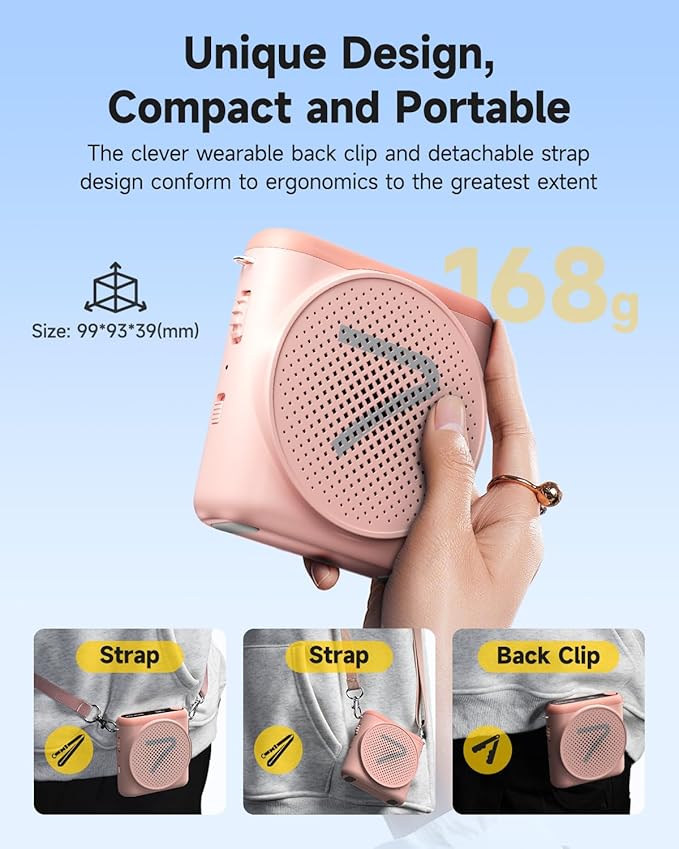 7RYMS WA1 Wireless Voice Amplifier with Headset Microphone for Teachers, Personal Power Amplifier with Noise Canceling, 164ft Range, 23H Working, Microphone Speaker for Teaching, Speech, Yoga(Pink)