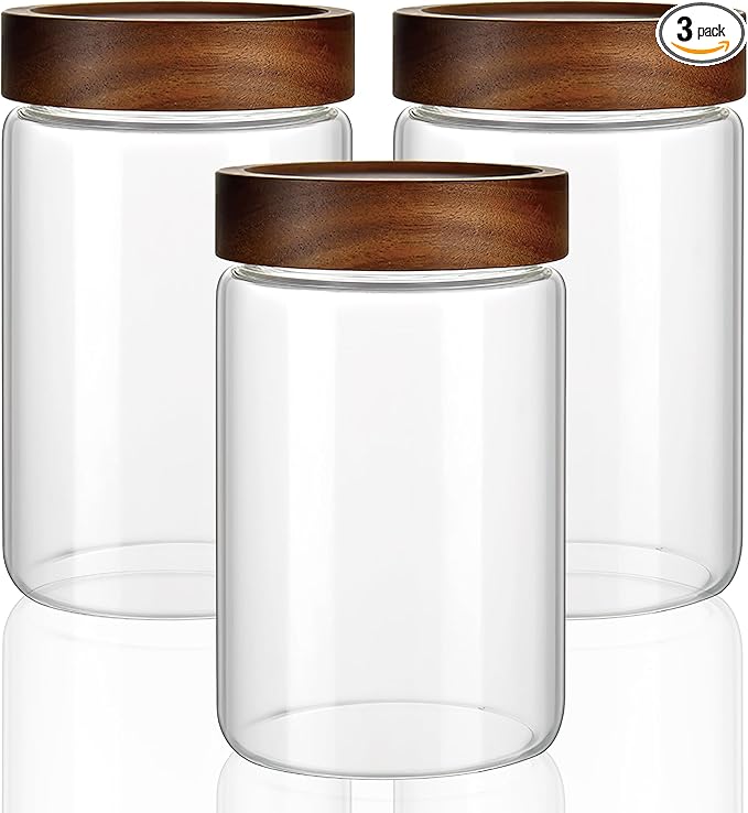 MOLADRI 3 Pack 28 fl oz/850 ml Clear Glass Storage Canister with Airtight Wooden Screw On Lid, Medium Decorative Glass Container Jar Set for Coffee, Candy, Cookie, Condiment, Pepper, Sugar, Oatmeal