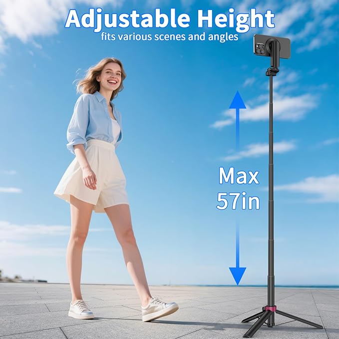 57" MagSafe Compatible Phone Tripod with Remote, Strong Magnetic Selfie Stick, Secure & Portable Tripod for iPhone Android, Travel Video Recording & Vlog (Black)