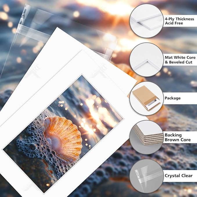 Golden State Art, Acid Free, Pack of 5, 4x6 White Picture Mats Mattes with White Core Bevel Cut for 3x5 Photo + Backing + Bags