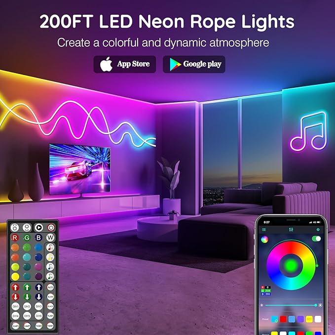200Ft Neon Rope Lights,Flexible Led Rope Lights Control with App/Remote,Multiple Modes Rope Lights,IP65 Outdoor RGB Led Neon Lights Waterproof,Music Sync Gaming Led Neon Light Strip for Bedroom Decor