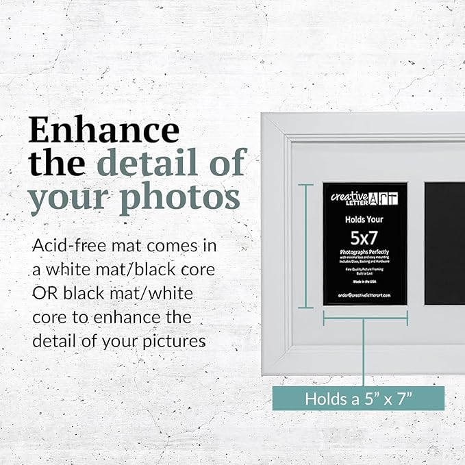 Creative Letter Art 3 Opening Glass Face White Picture Frame to hold 5 by 7 inch Photographs including 10x20-inch White Mat Collage