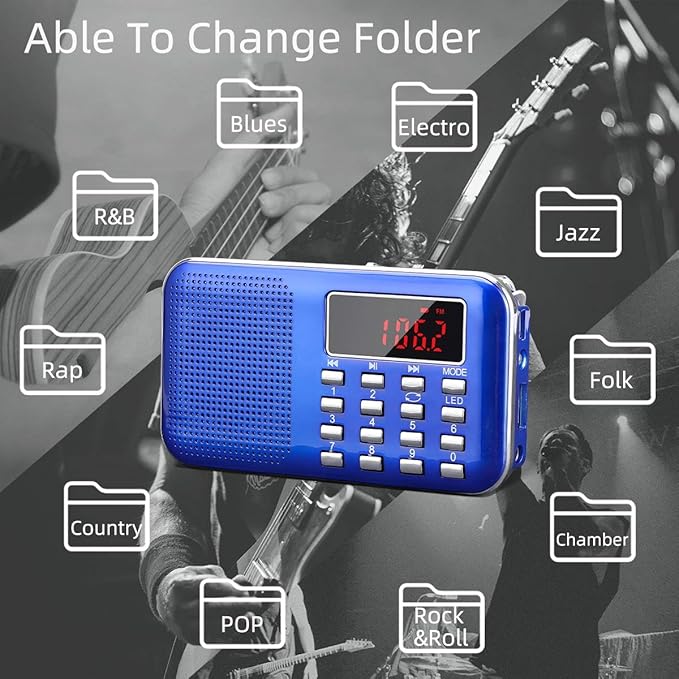 PRUNUS Mini Portable Radio AM FM Pocket Radio with MP3, LED Flashlight, Digital Radio Speaker Support Micro SD/TF Card/USB, Auto Scan Save, 1200mAh Rechargeable Battery Operated[Latest Version]